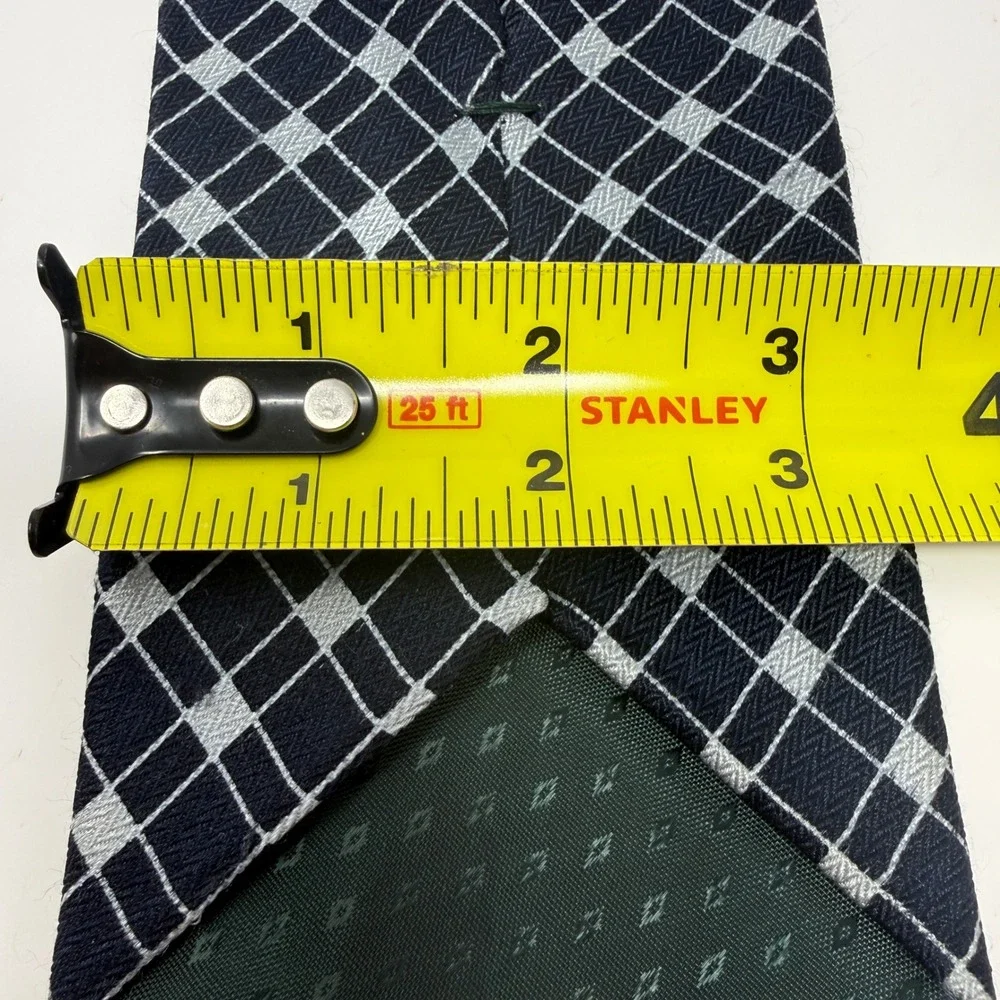 Lord & Taylor Mens Silk Necktie Navy Blue Silver Grid Geometric Woven USA Made